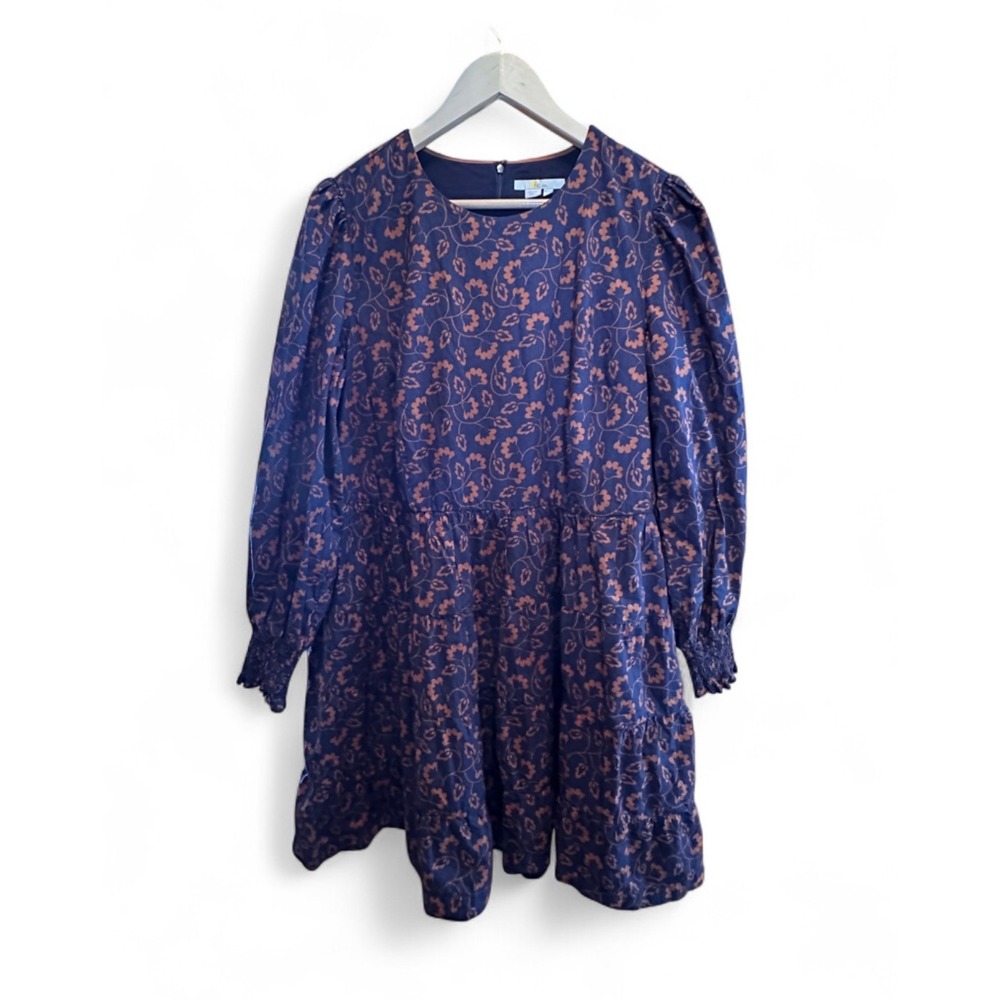 Boden Navy Brown Floral Cotton Tiered Mini Dress Long Sleeve Pockets 14R Womens